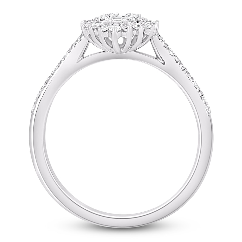 Main Image 2 of Baguette & Round-Cut Multi-Diamond Starburst Halo Promise Ring 1/3 ct tw 10K White Gold