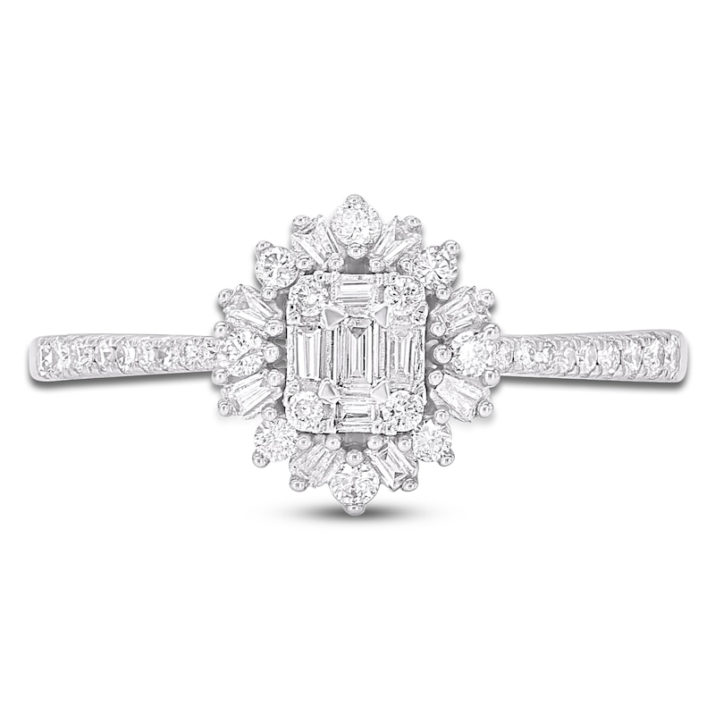 Main Image 3 of Baguette & Round-Cut Multi-Diamond Starburst Halo Promise Ring 1/3 ct tw 10K White Gold