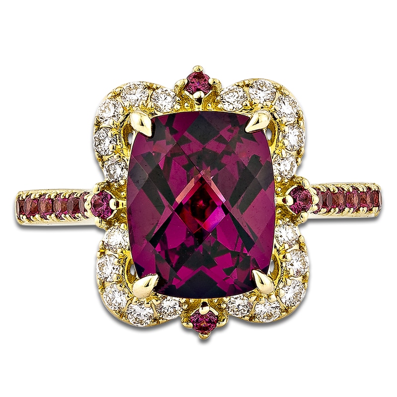 Main Image 3 of Cushion-Cut Natural Rhodolite Garnet & Diamond Cocktail Ring 1/4 ct tw 14K Yellow Gold