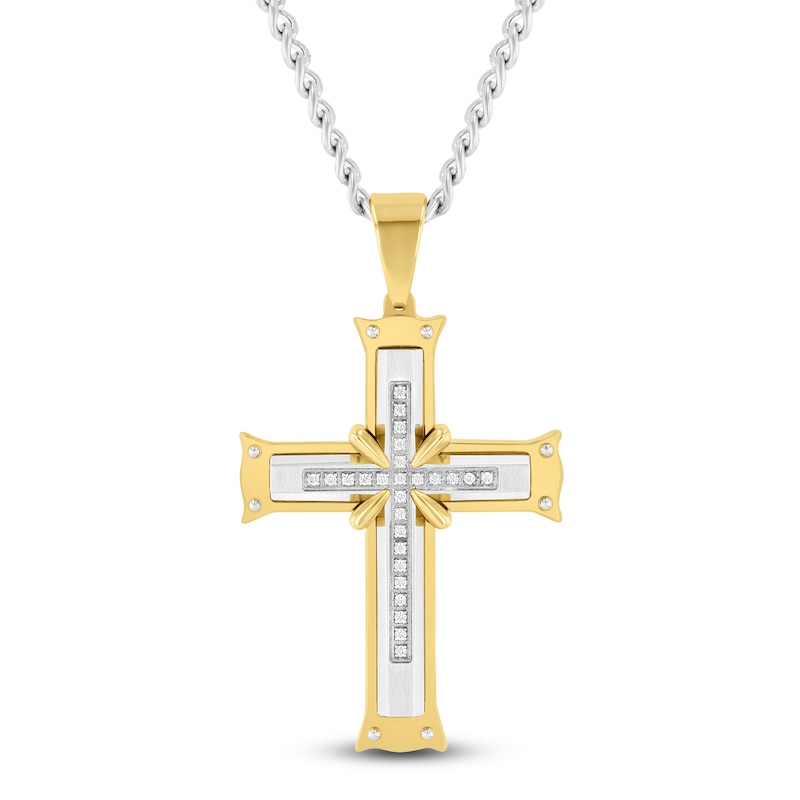 Men's Diamond Cross Necklace 1/8 ct tw Stainless Steel & Yellow Ion Plating 24"