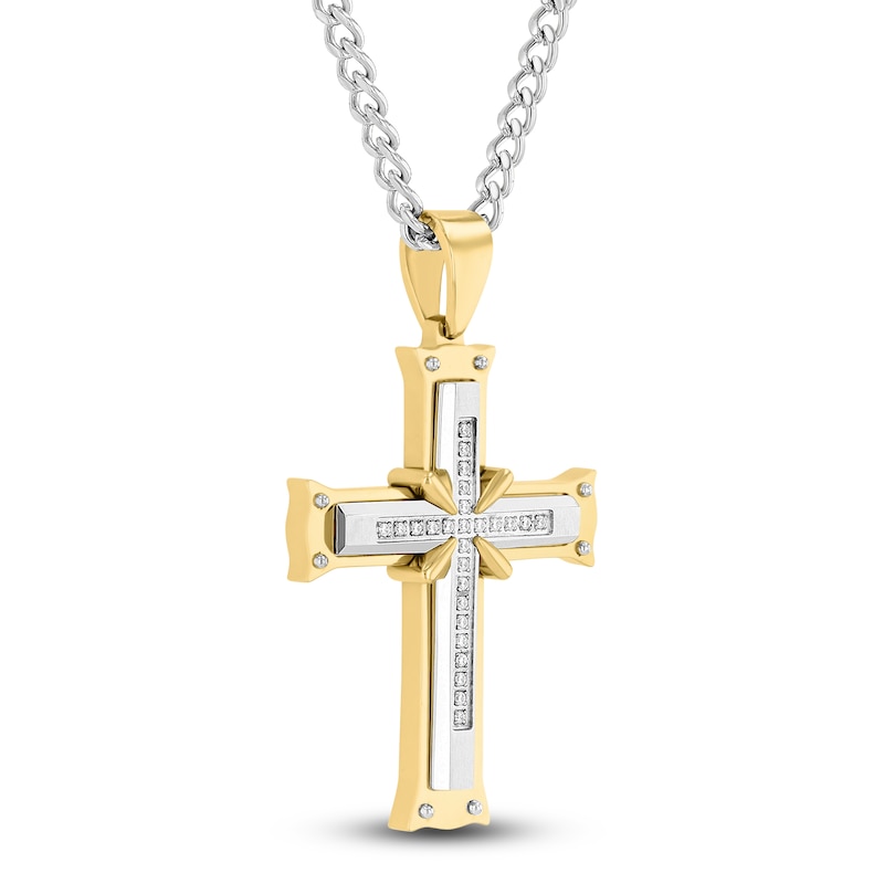 Main Image 2 of Men's Diamond Cross Necklace 1/8 ct tw Stainless Steel & Yellow Ion Plating 24&quot;