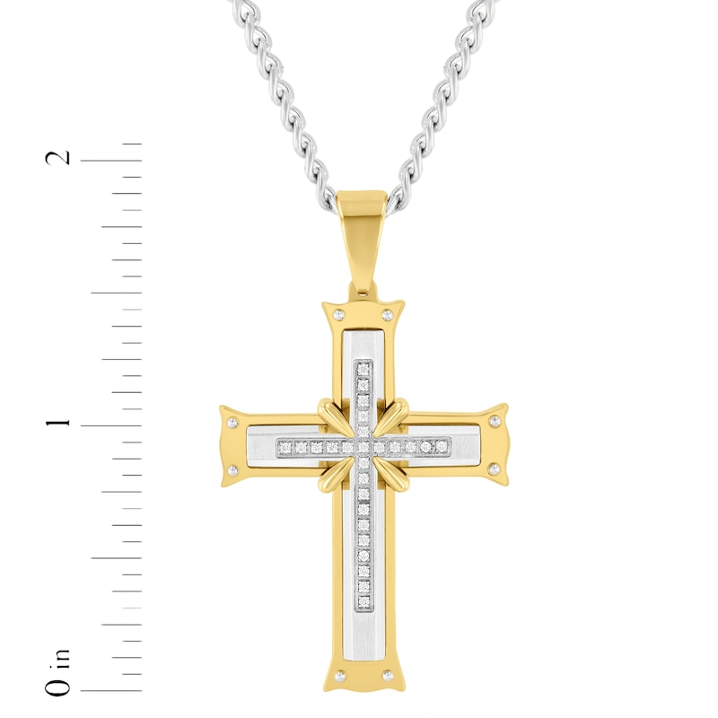 Main Image 4 of Men's Diamond Cross Necklace 1/8 ct tw Stainless Steel & Yellow Ion Plating 24&quot;