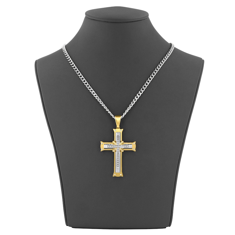 Main Image 5 of Men's Diamond Cross Necklace 1/8 ct tw Stainless Steel & Yellow Ion Plating 24&quot;