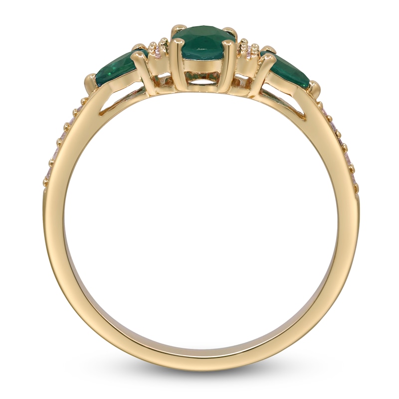 Main Image 2 of Oval-Cut & Pear-Shaped Natural Emerald & Diamond Three-Stone Ring 1/15 ct tw 14K Yellow Gold