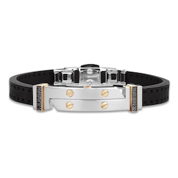 Baraka Men's Black Diamond Bar Bracelet with Rubber Strap 1/6 ct tw Stainless Steel & 18K Yellow Gold 7.75&quot;