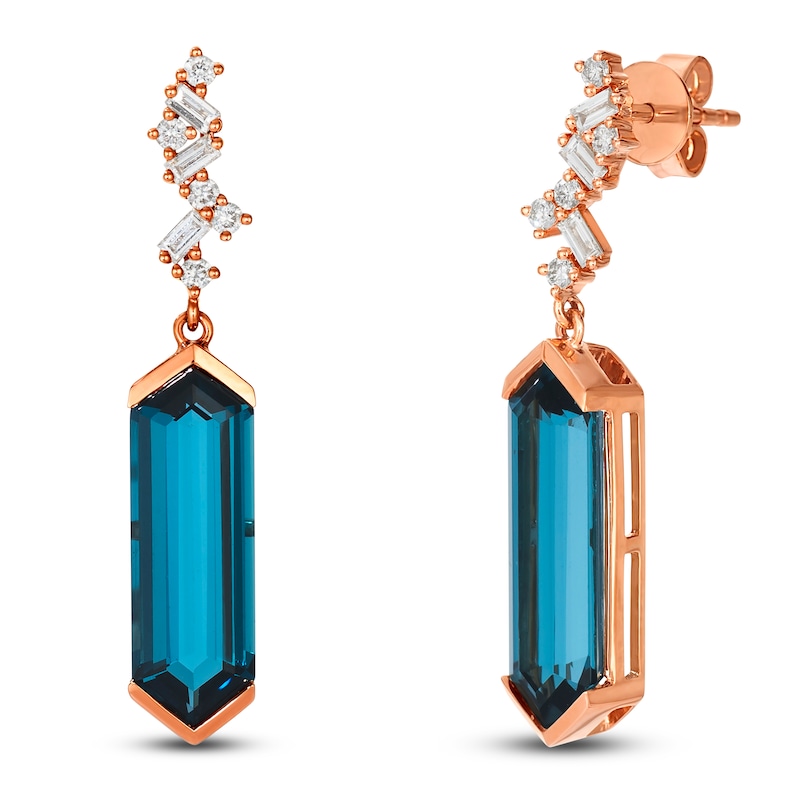 Main Image 2 of Le Vian Silhouette Hexagon-Cut Natural Blue Topaz Dangle Earrings 1/4 ct tw Diamonds 14K Strawberry Gold