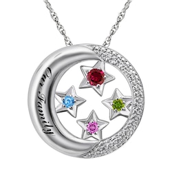 Birthstone Family & Mother's Moon & Stars Necklace (1-4 Stones and 1 Line)