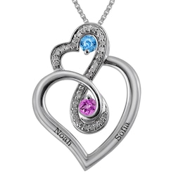 1/10 ct tw Diamond and Birthstone Couple's Necklace (2 Stones and Lines)