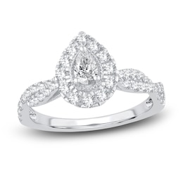 Diamond Halo Engagement Ring 3/4 ct tw Pear/Round 14K White Gold