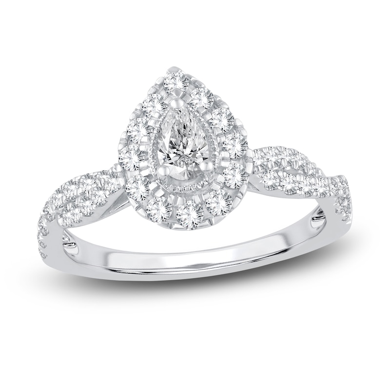 Main Image 1 of Diamond Halo Engagement Ring 3/4 ct tw Pear/Round 14K White Gold