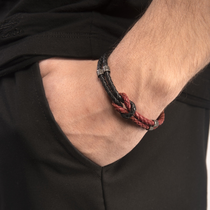 Main Image 5 of Marco Dal Maso Men's Red/Black Leather Bracelet Sterling Silver 8&quot;