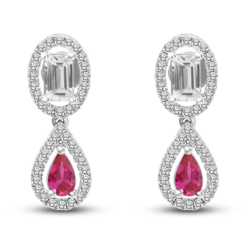 Lab-Created Ruby & White Lab-Created Sapphire Teardrop Earrings 10K White Gold