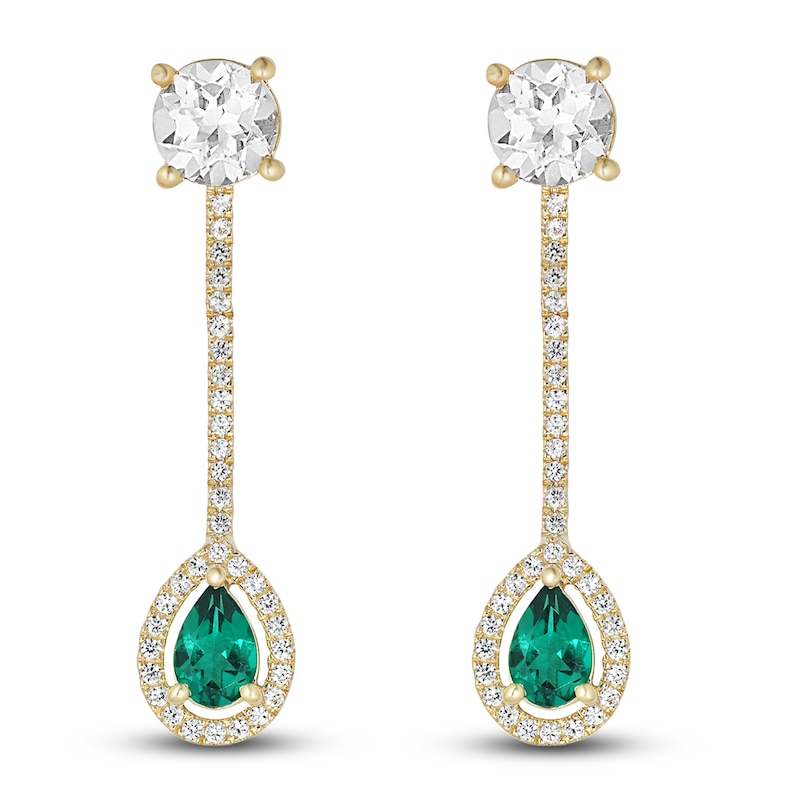 Main Image 1 of Lab-Created Emerald & White Lab-Created Sapphire Dangle Earrings 10K Yellow Gold