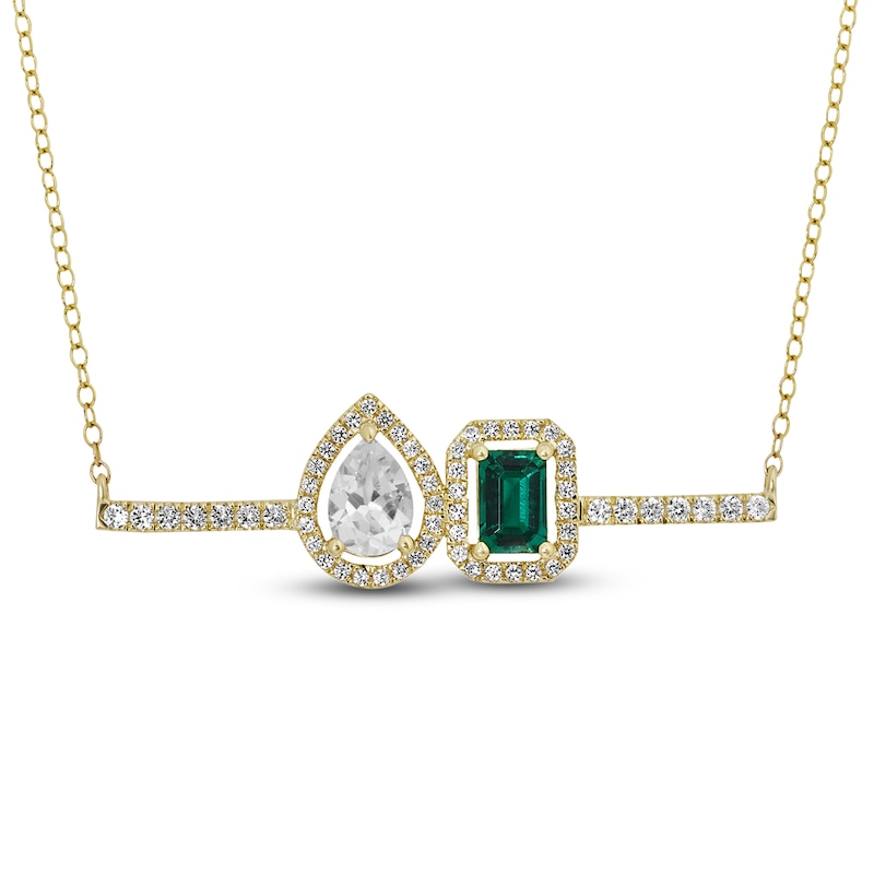 Lab-Created Emerald & White Lab-Created Sapphire Pendant Necklace 10K Yellow Gold 18"