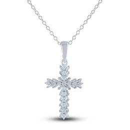 Diamond Cross Pendant Necklace 1/4 ct tw Round/Baguette 14K White Gold 18&quot;