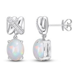 Y-Knot Natural Opal Dangle Earrings 1/15 ct tw Diamonds 14K White Gold