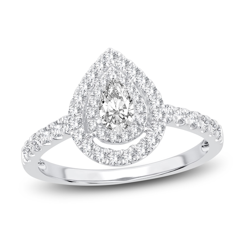 Main Image 1 of Diamond Double Halo Engagement Ring 3/4 ct tw Pear/Round 14K White Gold