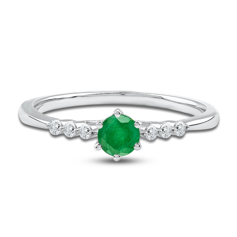 Round-Cut Natural Emerald & Diamond Ring 1/10 ct tw 14K White Gold