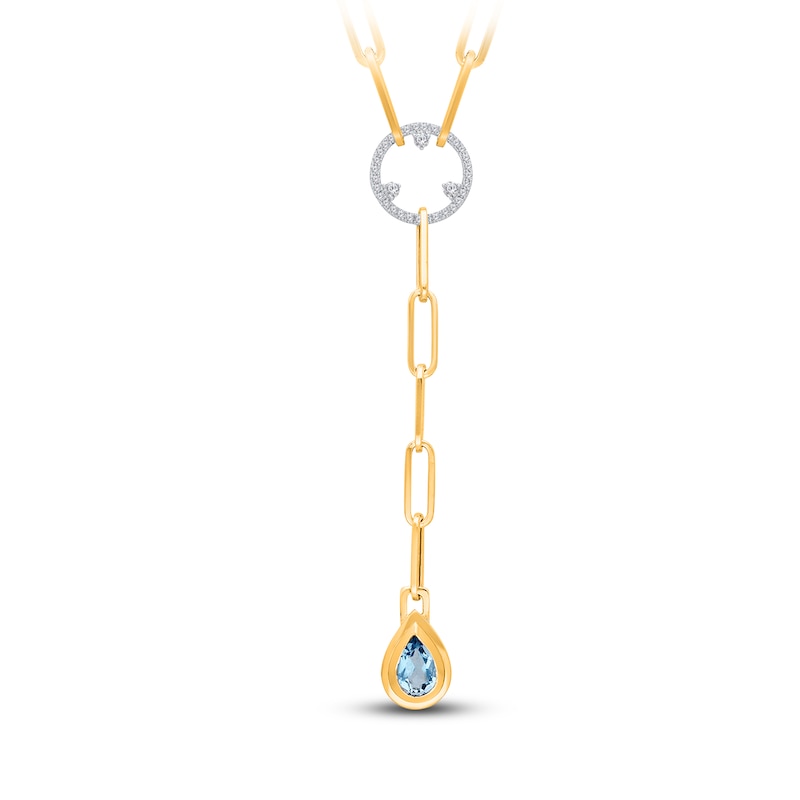 Main Image 2 of Kallati Pear-Shaped Natural Blue Topaz & Diamond Y Necklace 1/4 ct tw 14K Yellow Gold