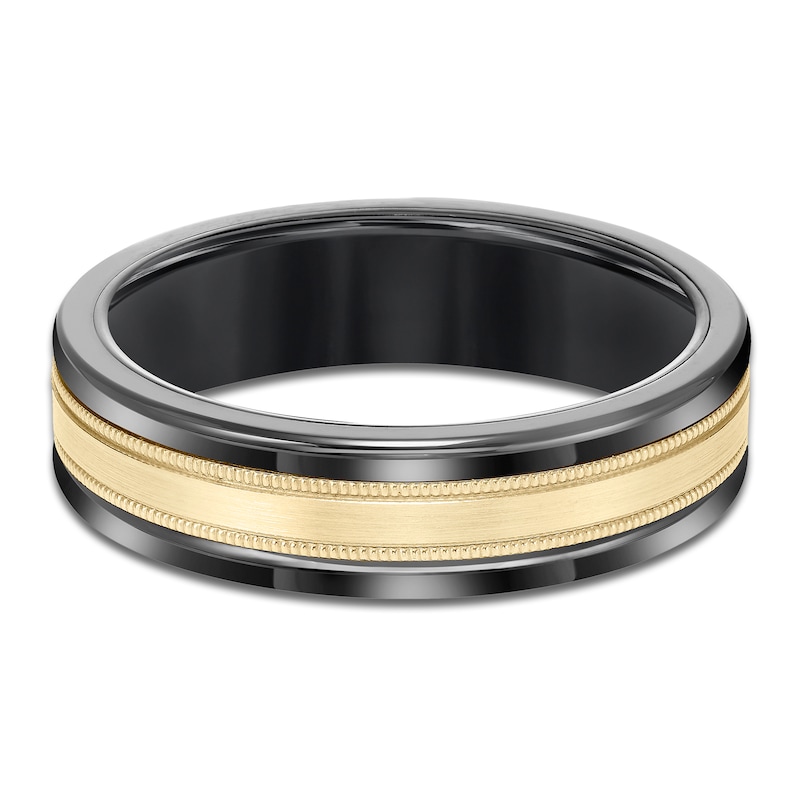 Main Image 3 of Men's Milgrain Stripe Wedding Band Black Tungsten Carbide & 14K Yellow Gold 6mm