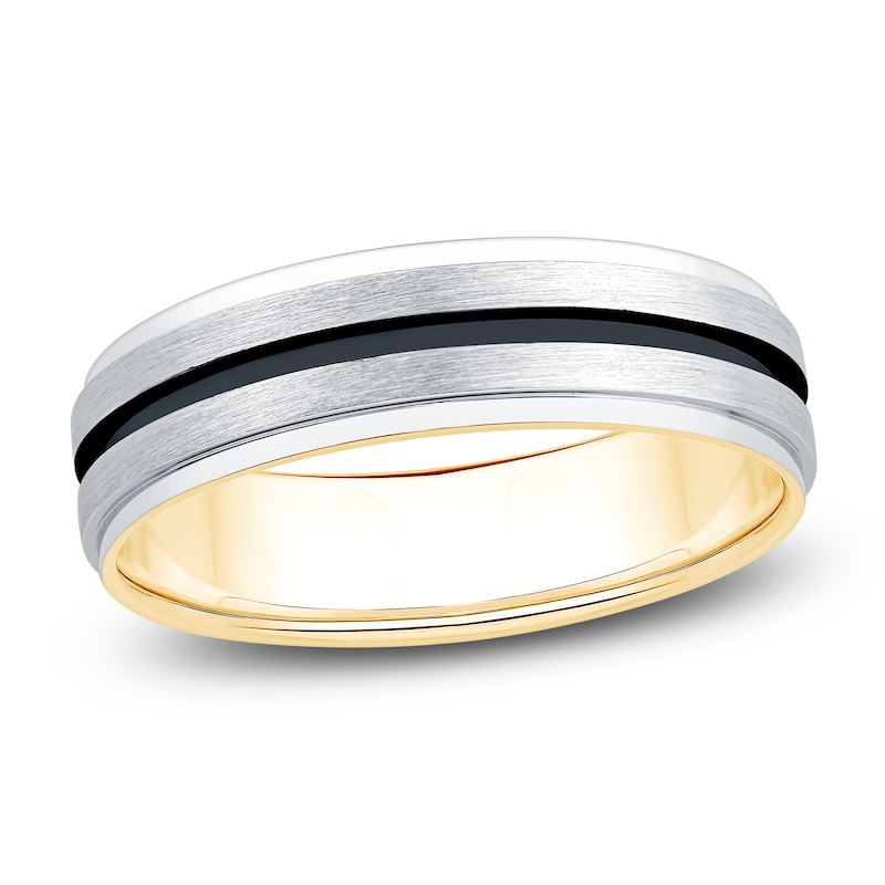 Main Image 1 of Men's Black Stripe Brushed Wedding Band 14K Two-Tone Gold 6mm