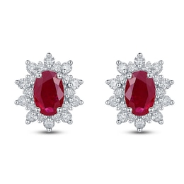 Oval-Cut Natural Ruby & Diamond Starburst Earrings 1/3 ct tw 14K White Gold