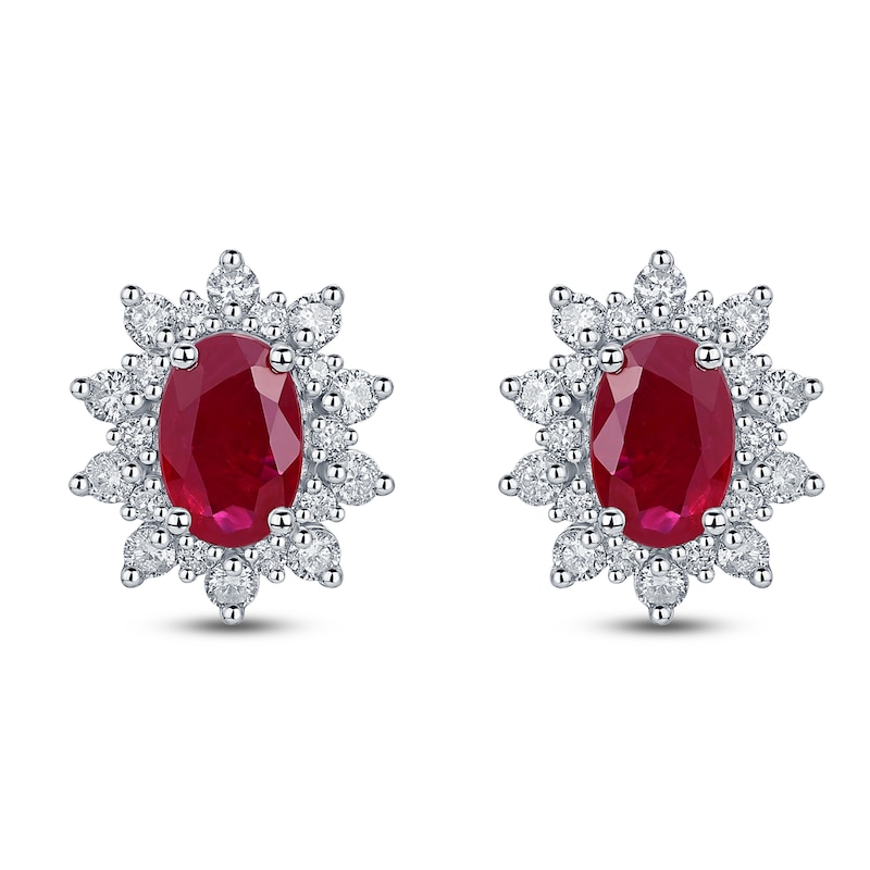 Oval-Cut Natural Ruby & Diamond Starburst Earrings 1/3 ct tw 14K White Gold