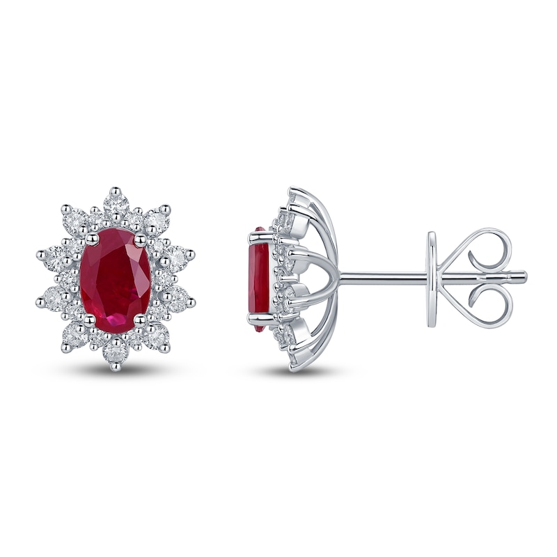 Oval-Cut Natural Ruby & Diamond Starburst Earrings 1/3 ct tw 14K White Gold