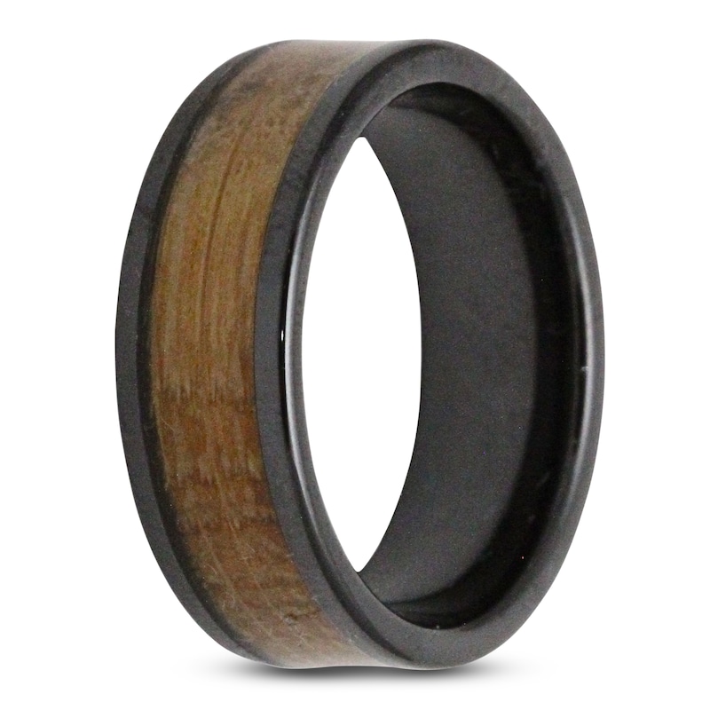 Men's 8mm Whiskey Barrel Wood Inlay Wedding Band Black Ceramic