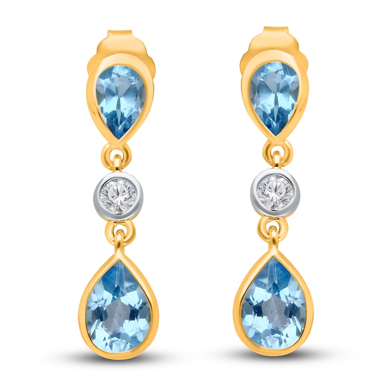 Main Image 2 of Kallati Pear-Shaped Natural Blue Topaz Dangle Earrings 1/20 ct tw Diamonds 14K Yellow Gold