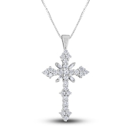 Diamond Cross Pendant Necklace 1-1/2 ct tw Round/Baguette 14K White Gold 18&quot;