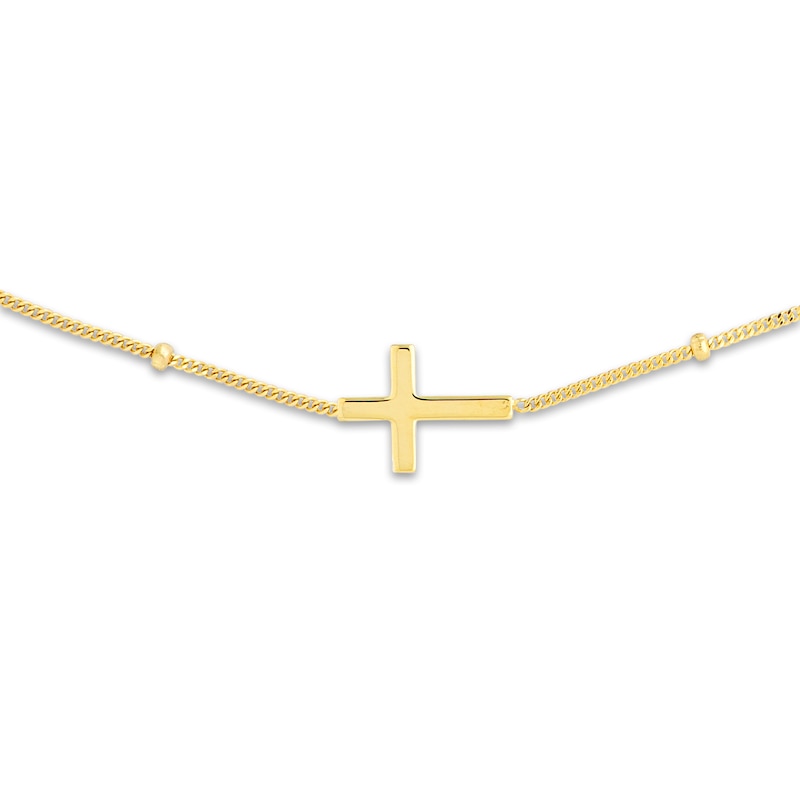 Sideways Cross Choker Necklace 14K Yellow Gold 15" Adj.