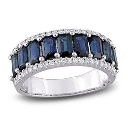 Natural Sapphire Anniversary Ring 1/3 ct tw Diamonds 14K White Gold