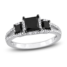 Black & White Diamond 3-Stone Engagement Ring 1-1/2 ct tw Round 14K White Gold