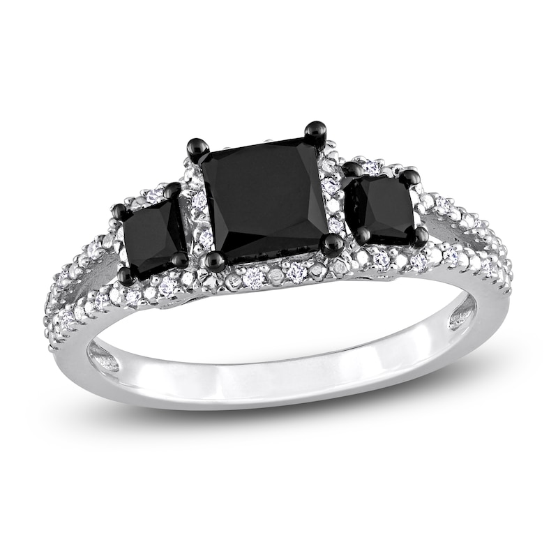 Main Image 1 of Black & White Diamond 3-Stone Engagement Ring 1-1/2 ct tw Round 14K White Gold