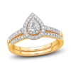 Thumbnail Image 1 of Diamond Double Halo Bridal Set 1/2 ct tw Pear/Round 14K Yellow Gold