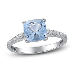 Cushion-Cut  Natural Aquamarine & Diamond Engagement Ring 1/8 ct tw 14K White Gold