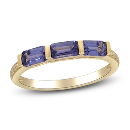 Rectangle-Cut Natural Tanzanite & Diamond Ring 1/20 ct tw 10K Yellow Gold