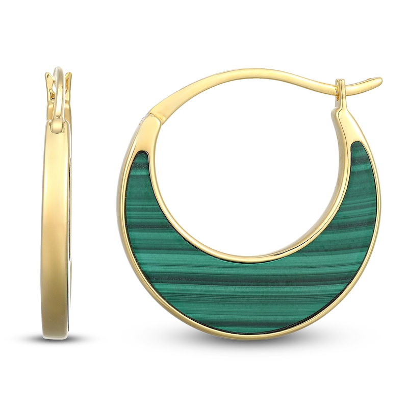 Half-Moon Natural Malachite Hoop Earrings 14K Yellow Gold