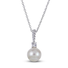 Cultured Pearl & White Lab-Created Sapphire Drop Necklace Sterling Silver 18&quot;