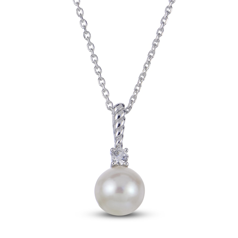 Main Image 1 of Cultured Pearl & White Lab-Created Sapphire Drop Necklace Sterling Silver 18&quot;