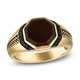 1933 by Esquire Men's Natural Tiger's Eye Quartz & Black Diamond Ring 1/4 ct tw 14K Yellow Gold-Plated Sterling Silver