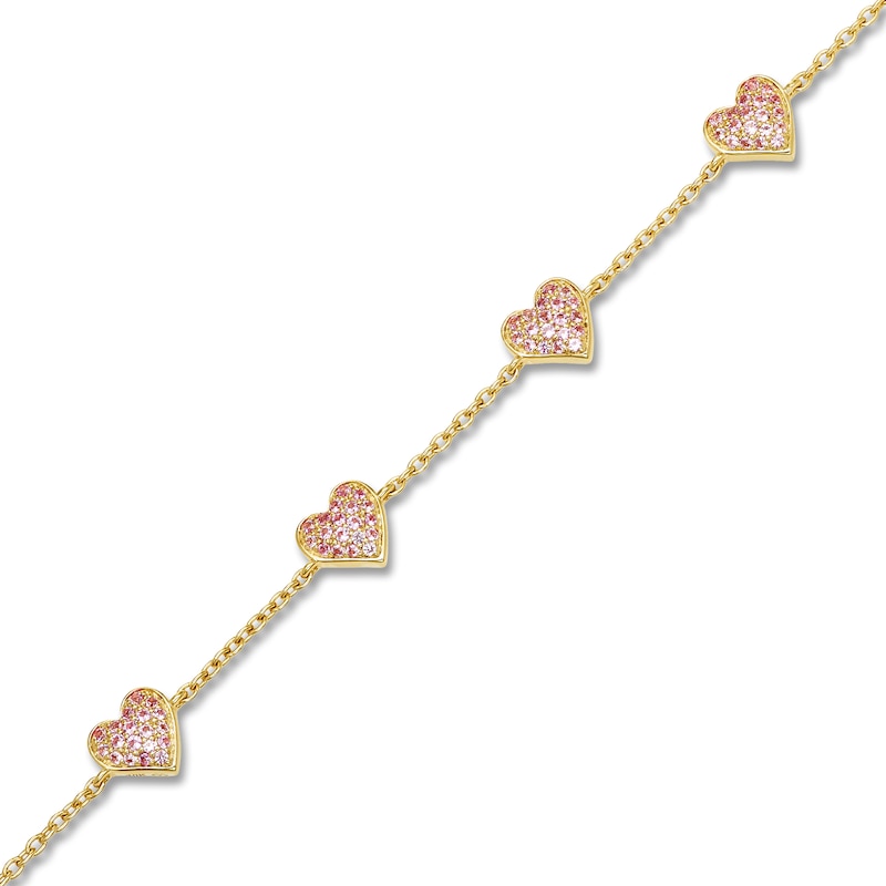 Main Image 2 of Pink Lab-Created Sapphire Pavé Heart Bracelet 10K Yellow Gold 7&quot;