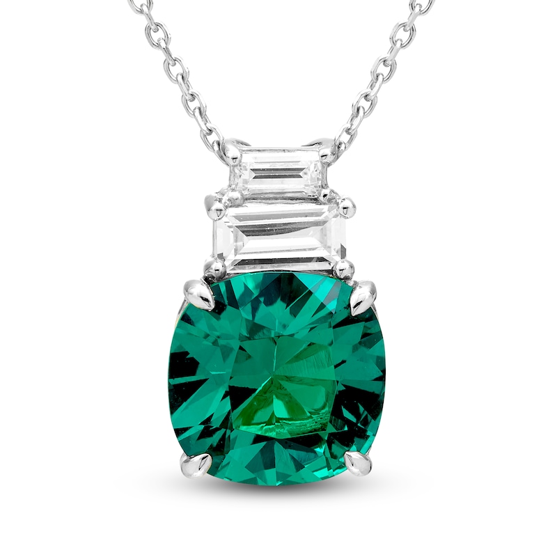 Cushion-Cut Lab-Created Emerald & Baguette-Cut White Lab-Created Sapphire Necklace Sterling Silver 18"