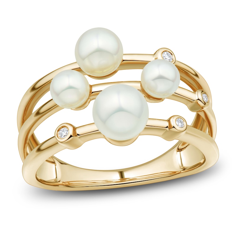 Main Image 1 of Cultured Pearl & Diamond Accent Three-Row Station Ring 14K Yellow Gold