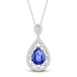 Pear-Shaped Blue Lab-Created Sapphire & Diamond Filigree Necklace 1/10 ct tw Sterling Silver 18&quot;