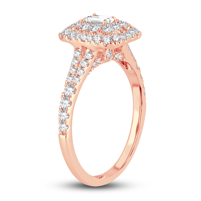 Diamond Double Halo Engagement Ring 1 ct tw Emerald/Round 14K Rose Gold