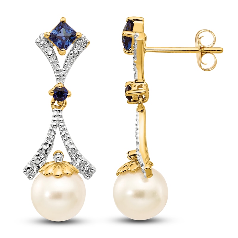 Freshwater Cultured Pearl & Lab-Created Sapphire Dangle Earrings Diamond Accents 14K Yellow Gold