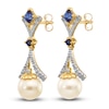 Thumbnail Image 2 of Freshwater Cultured Pearl & Lab-Created Sapphire Dangle Earrings Diamond Accents 14K Yellow Gold