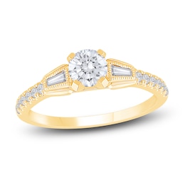 Diamond Engagement Ring 3/4 ct tw Round/Baguette 14K Yellow Gold